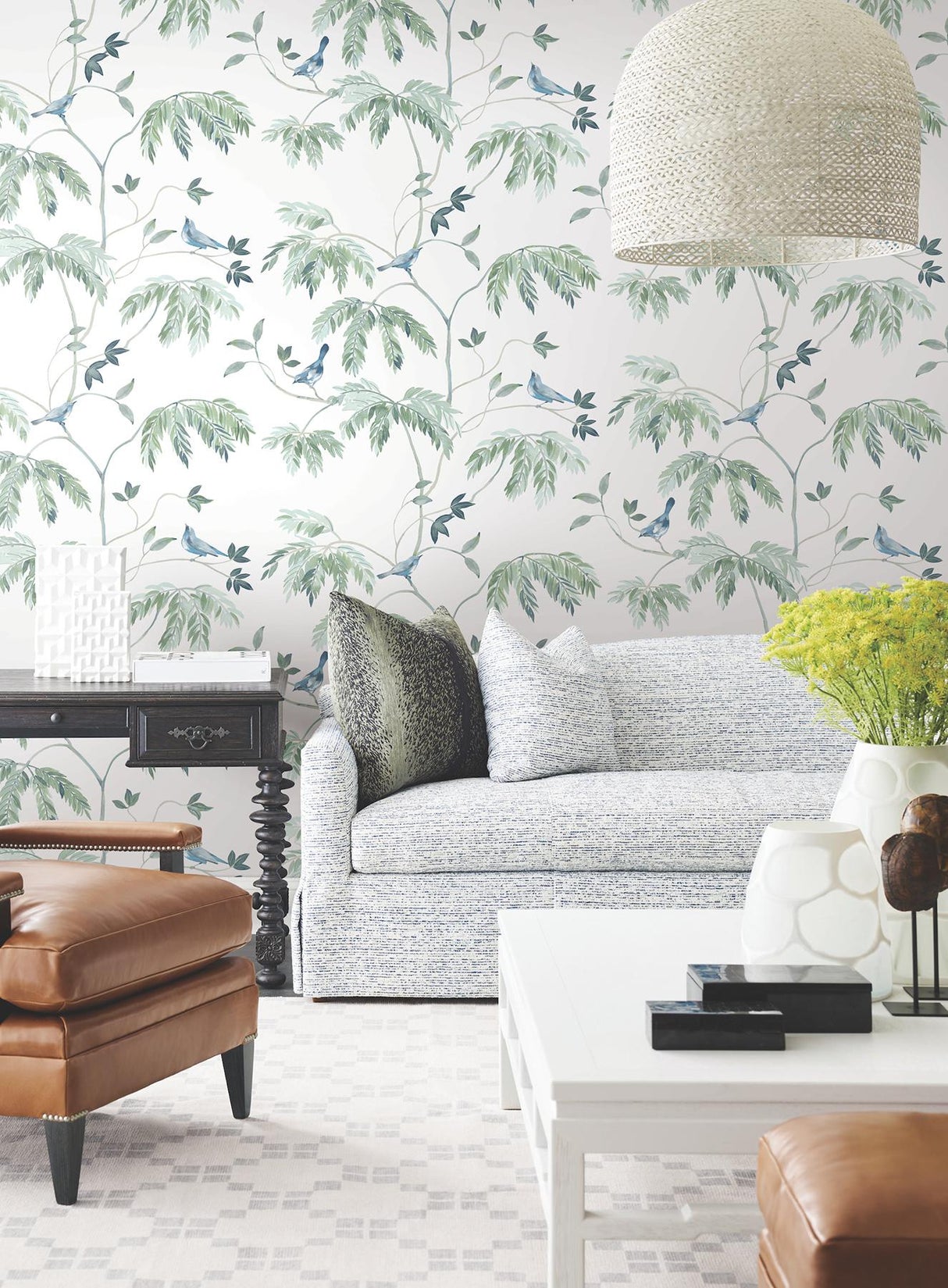 Antonina Vella Cillian Blue Botanical Bird Trail Wallpaper
