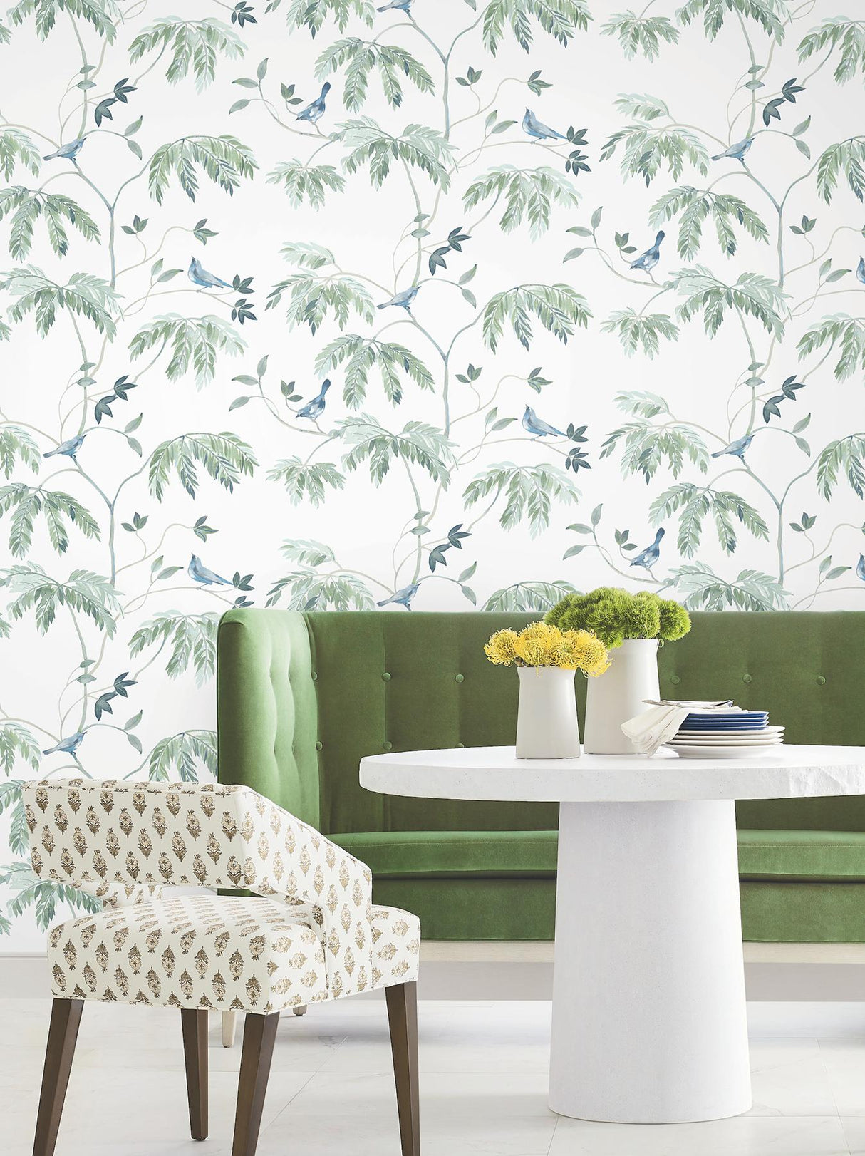 Antonina Vella Cillian Blue Botanical Bird Trail Wallpaper