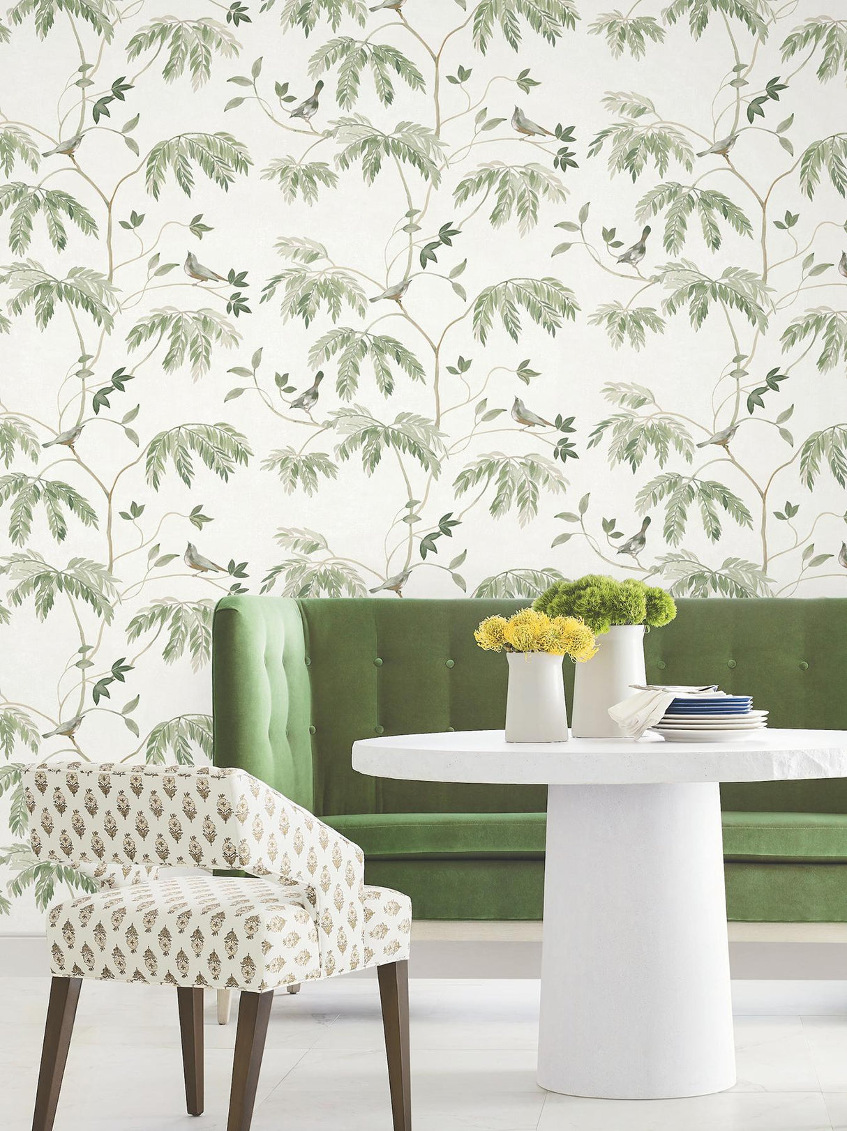 Antonina Vella Cillian Dark Green Botanical Bird Trail Wallpaper