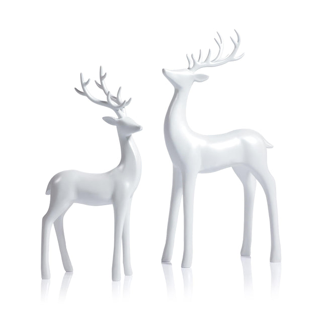 Zodax Pearl White Deer Figurines, Set of 2, Elegant Holiday Dcor, 13" & 16.5" Tall