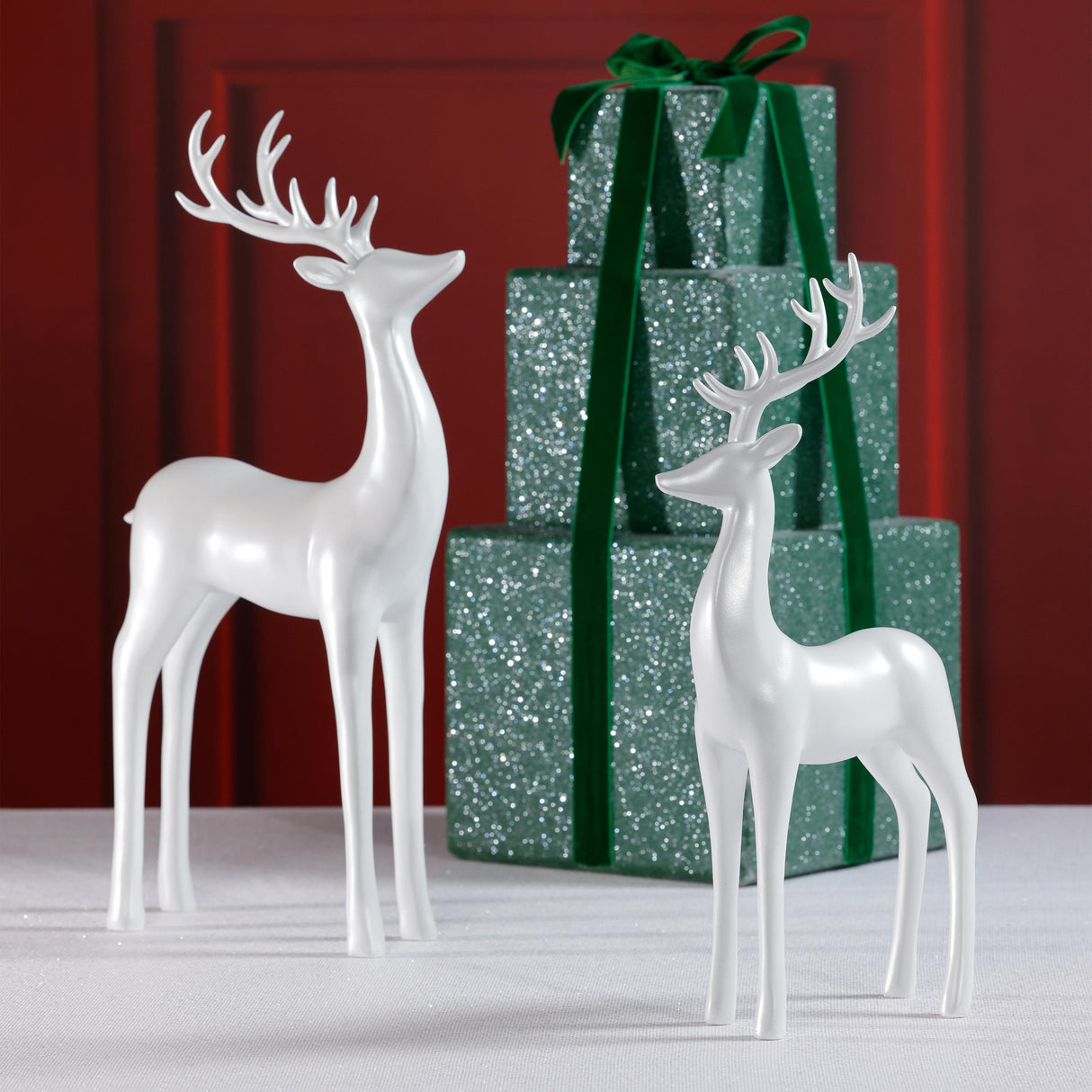 Zodax Pearl White Deer Figurines, Set of 2, Elegant Holiday Dcor, 13" & 16.5" Tall