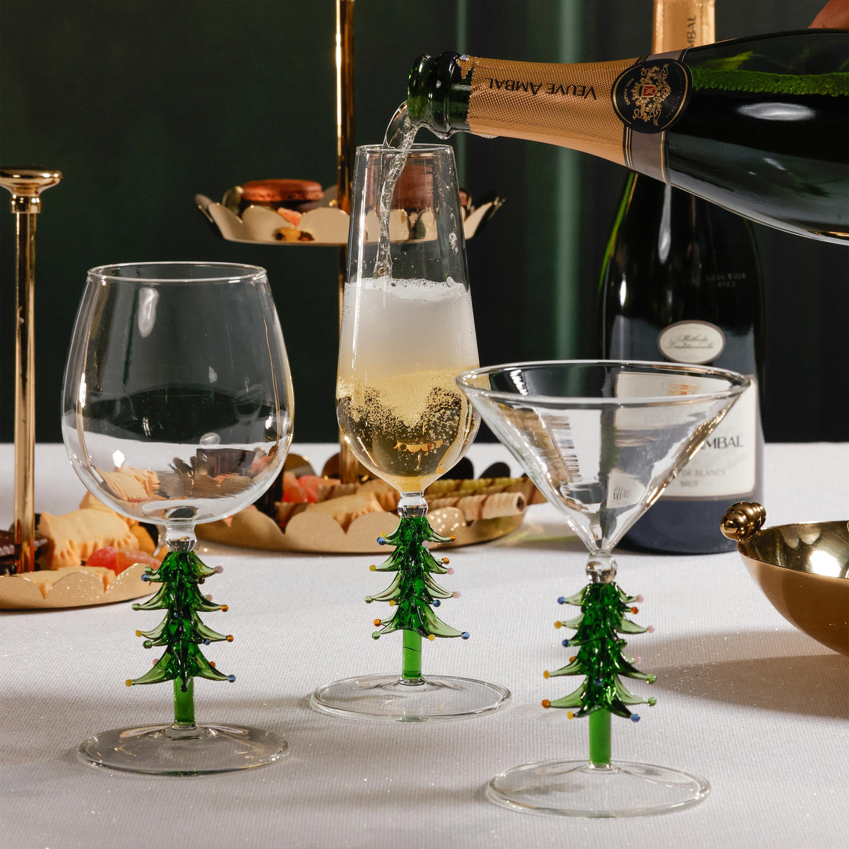 Zodax Green Treetop Cheers Martini Glasses - Holiday Stemware, Set of 4