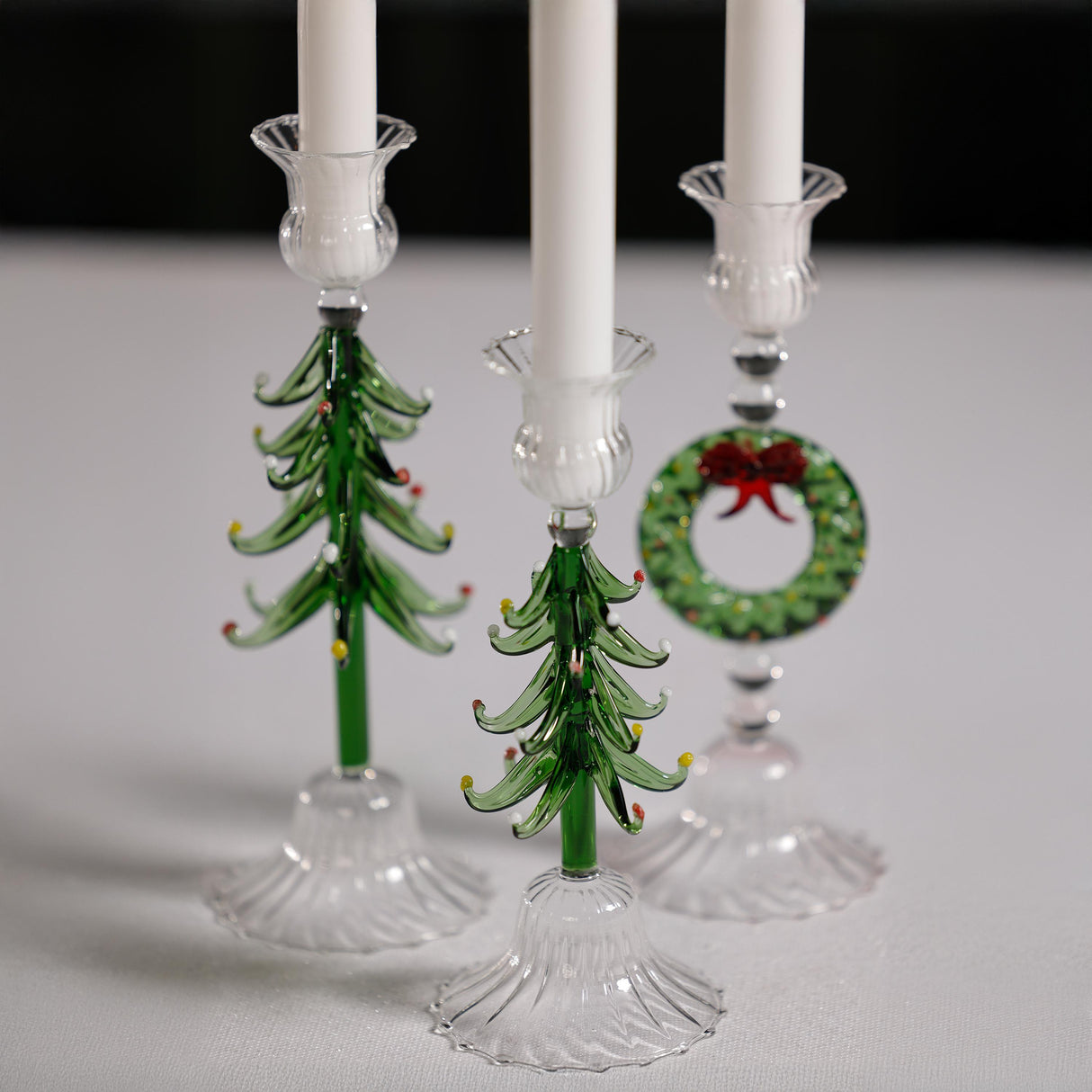 Zodax 8.25" Clear & Green Holiday Tree Taper Candle Holders, Set of 4