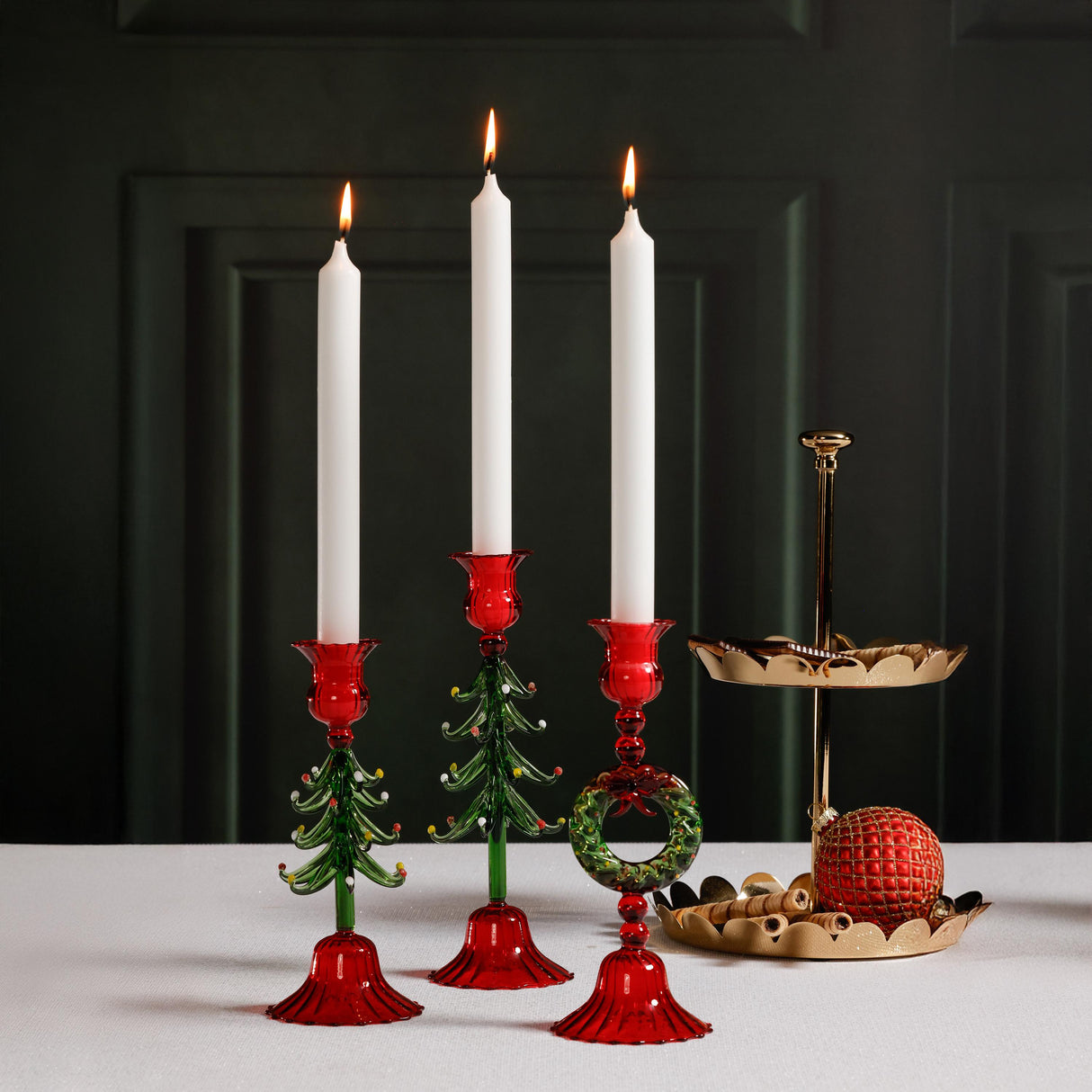 Zodax Red & Green Holiday Wreath Taper Candle Holders, Set of 4