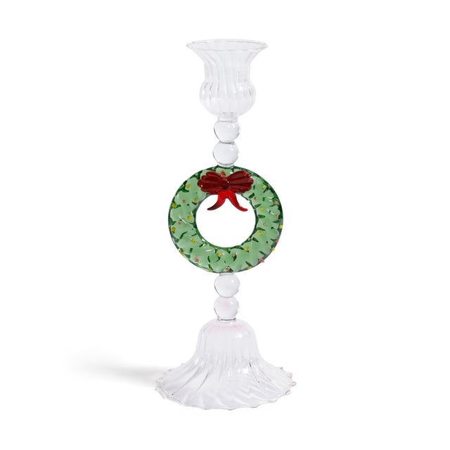 Zodax Clear & Green Holiday Wreath Taper Candle Holders, Set of 4