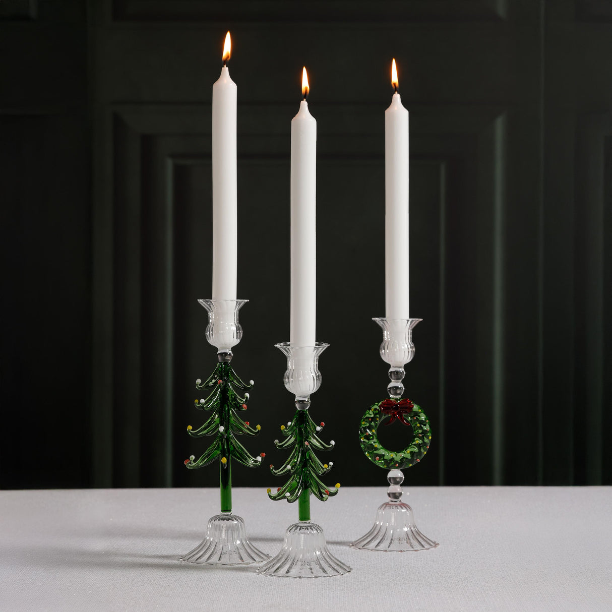 Zodax Clear & Green Holiday Wreath Taper Candle Holders, Set of 4