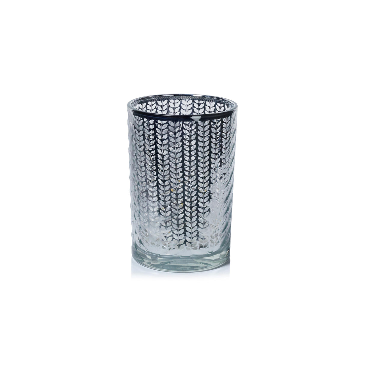 Zodax 7" Silver Laser-Etched Metallic Glass Hurricane Candle Holder