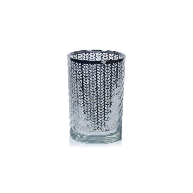 Zodax 7" Silver Laser-Etched Metallic Glass Hurricane Candle Holder