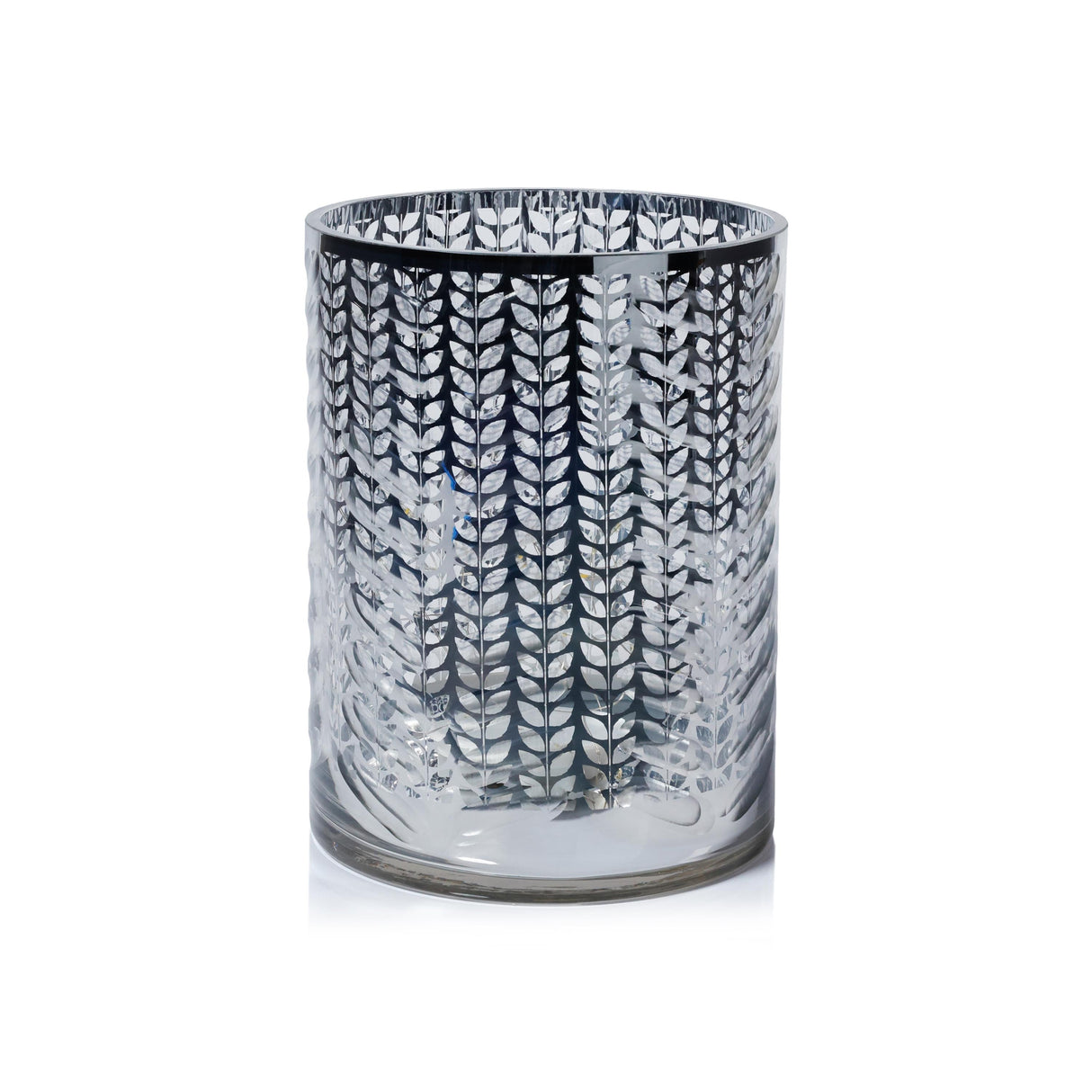 Zodax 9.5" Silver Laser-Etched Metallic Glass Hurricane Candle Holder