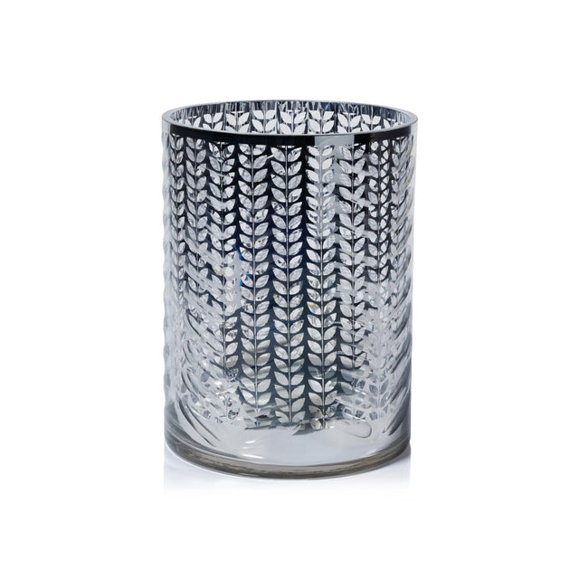 Zodax 9.5" Silver Laser-Etched Metallic Glass Hurricane Candle Holder