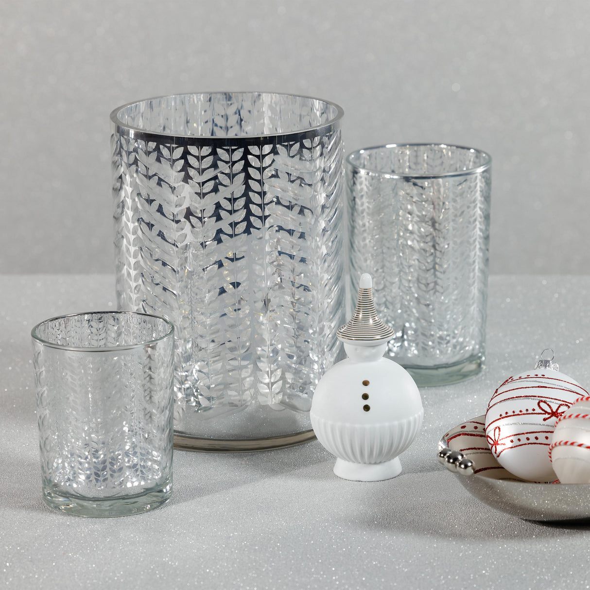 Zodax 9.5" Silver Laser-Etched Metallic Glass Hurricane Candle Holder