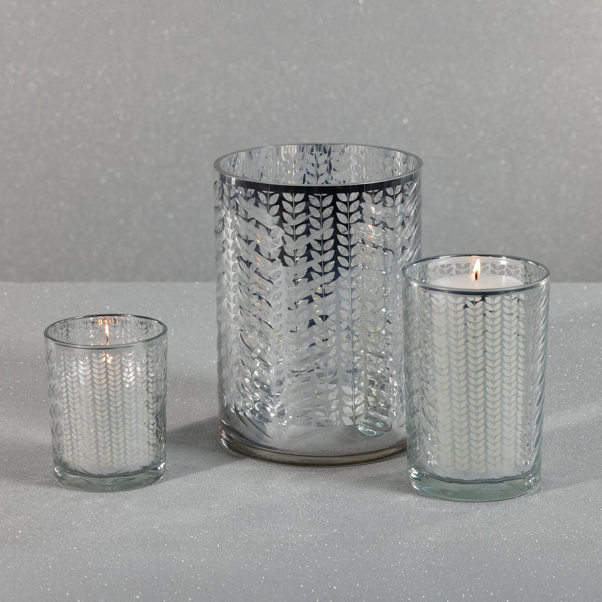 Zodax 9.5" Silver Laser-Etched Metallic Glass Hurricane Candle Holder