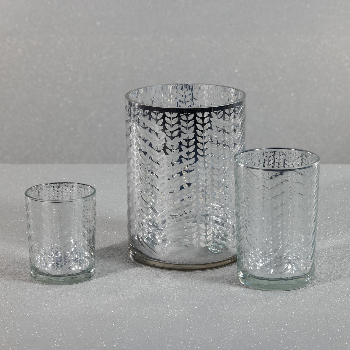 Zodax 9.5" Silver Laser-Etched Metallic Glass Hurricane Candle Holder