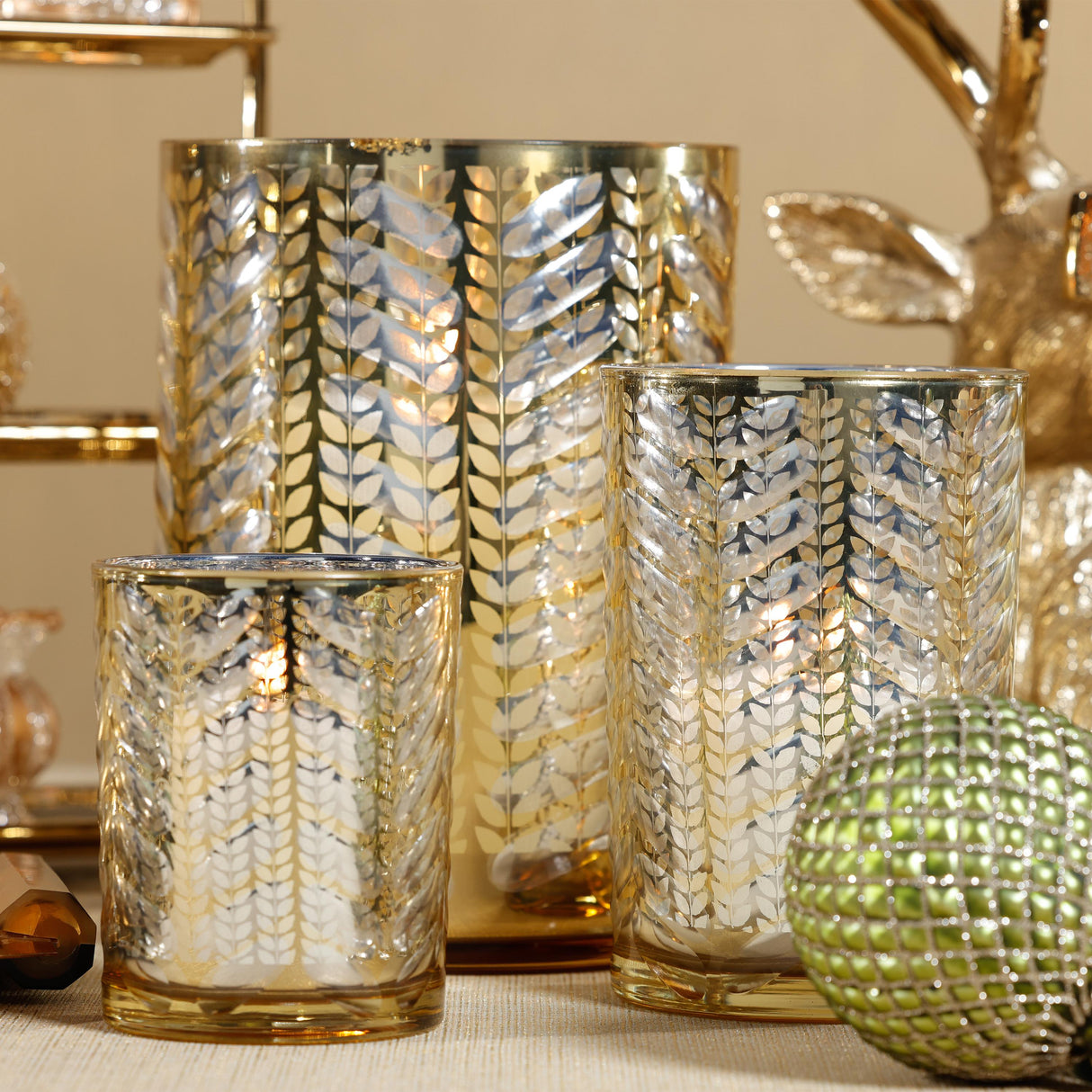 Zodax Gold Laser-Etched Metallic Glass Hurricane Candle Holders, Set of 2