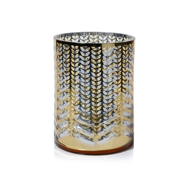 Zodax 9.5" Gold Laser-Etched Metallic Glass Hurricane Candle Holder