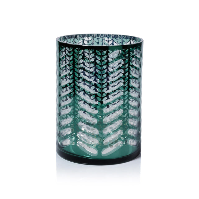 Zodax 9.5" Green Laser-Etched Metallic Glass Hurricane Candle Holder