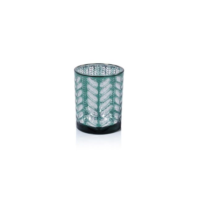 Zodax Green Laser-Etched Metallic Glass Hurricane Candle Holders, Set of 2