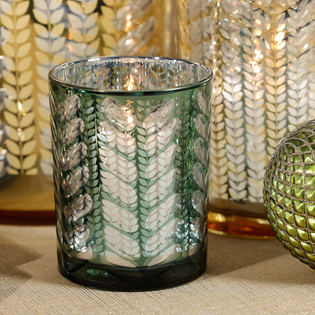 Zodax Green Laser-Etched Metallic Glass Hurricane Candle Holders, Set of 2