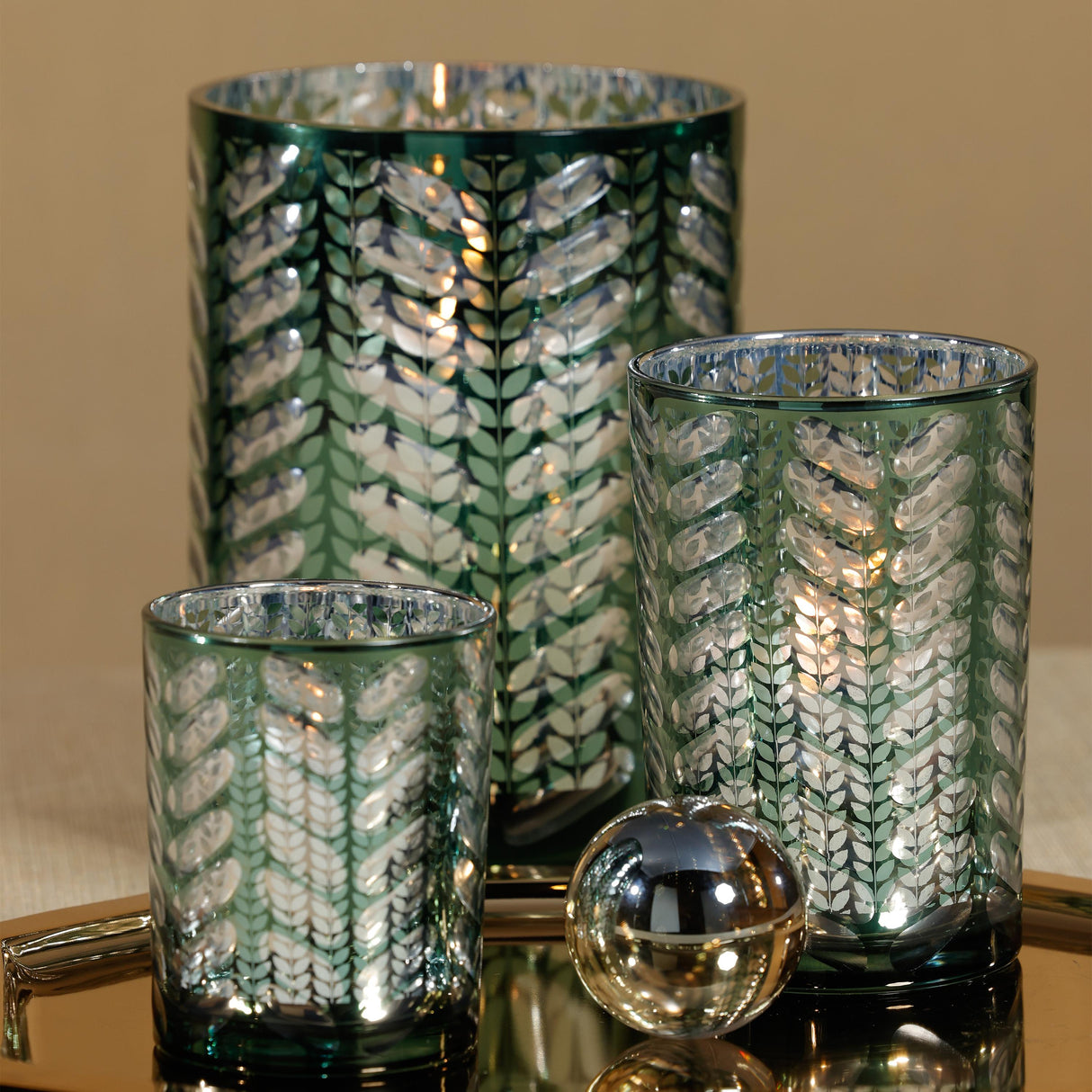 Zodax Green Laser-Etched Metallic Glass Hurricane Candle Holders, Set of 2