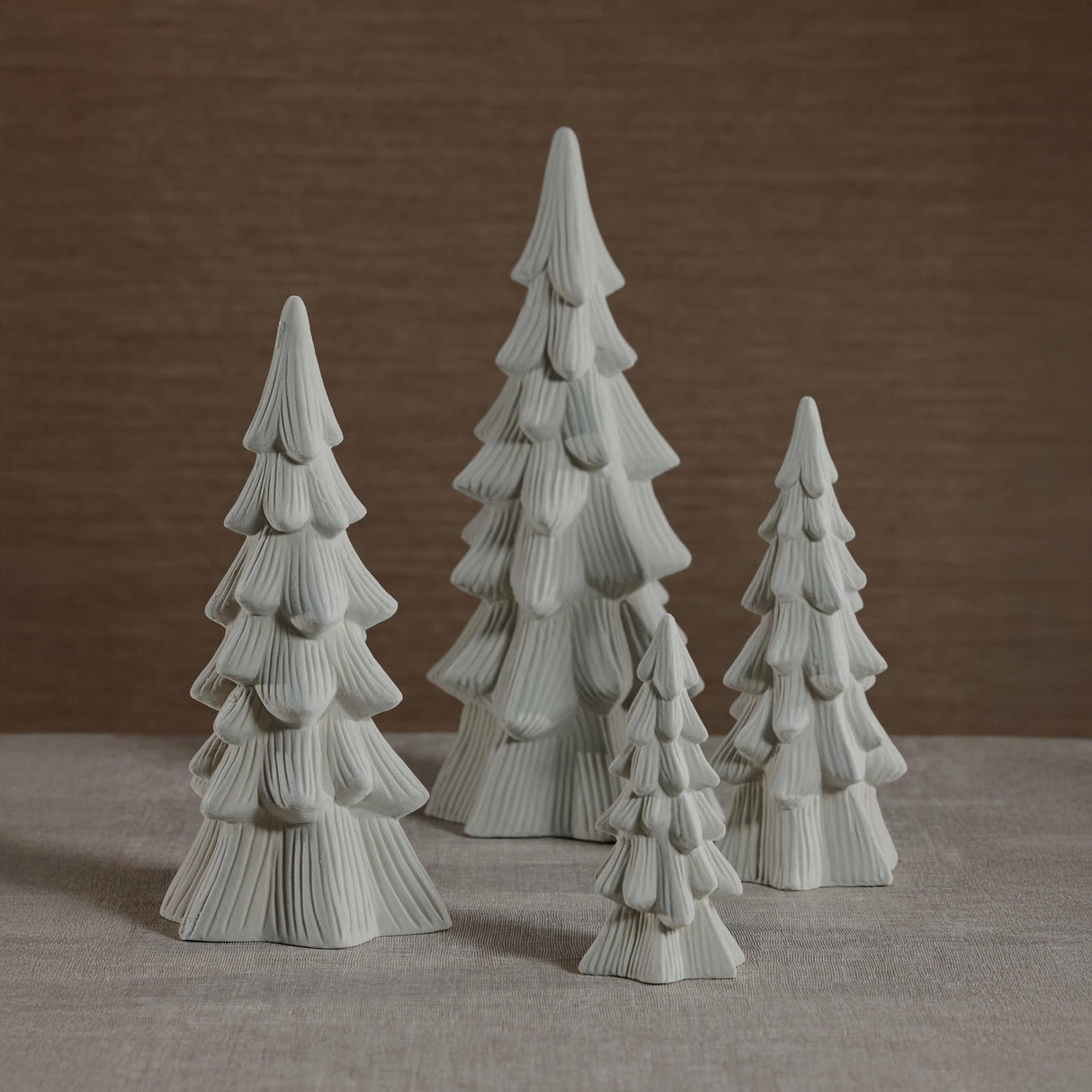 Zodax 14" Snow-Covered Flocked Ceramic Decorative Trees, Holiday Tabletop Dcor, Set of 4