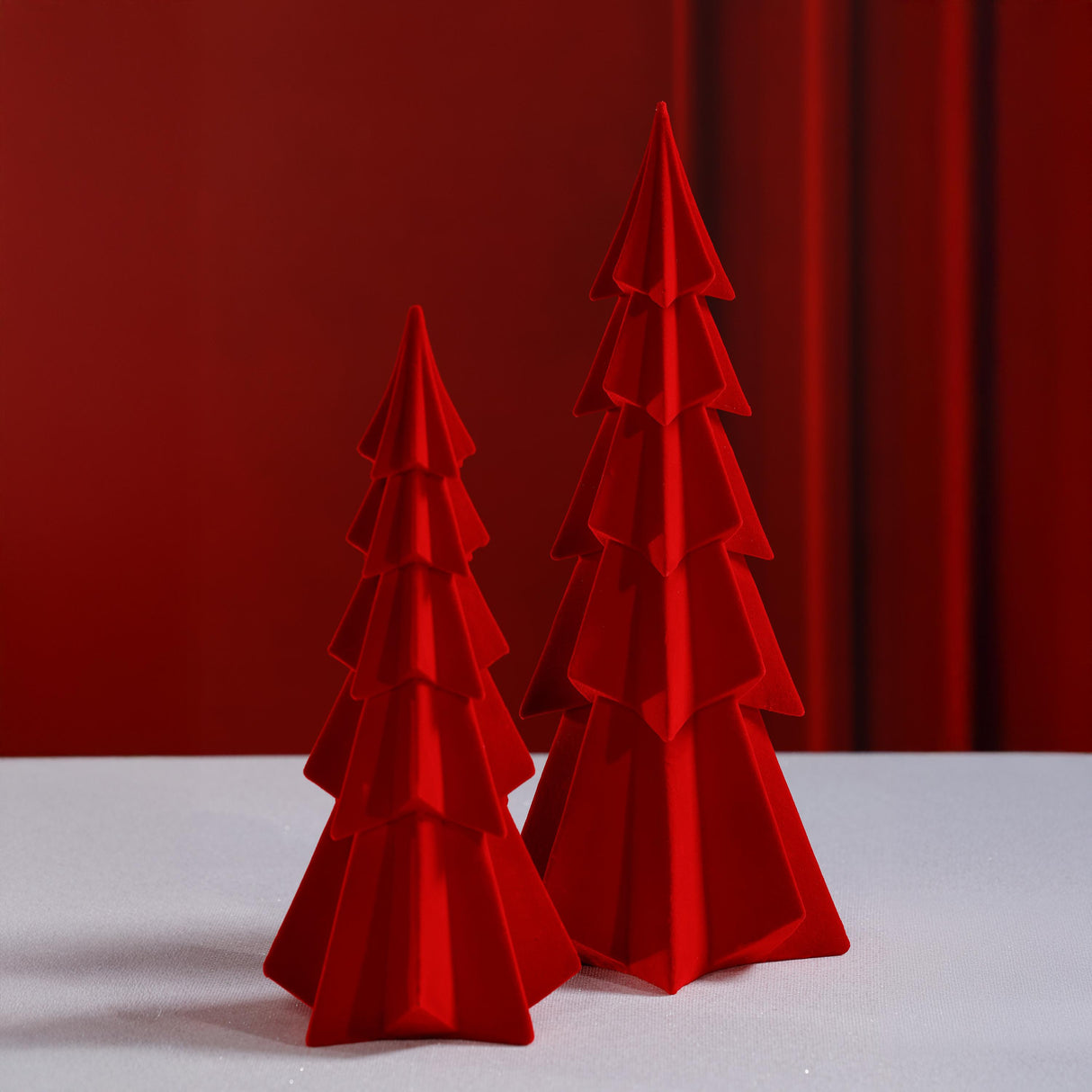 Zodax 12.5" Red Flocked Decorative Trees - Holiday Tabletop Dcor, Set of 4