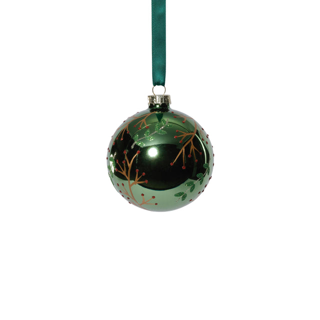 Zodax 3.25" Shiny Green Metallic Glass Ball Ornaments with Gold Leaf & Twig Design, Set of 6
