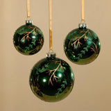 Zodax 3.25" Shiny Green Metallic Glass Ball Ornaments with Gold Leaf & Twig Design, Set of 6
