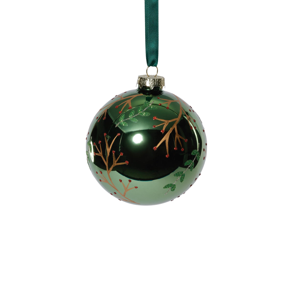 Zodax 4" Shiny Green Metallic Glass Ball Ornaments with Gold Leaf & Twig Design, Set of 6
