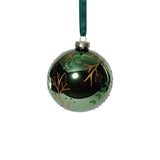 Zodax 4" Shiny Green Metallic Glass Ball Ornaments with Gold Leaf & Twig Design, Set of 6