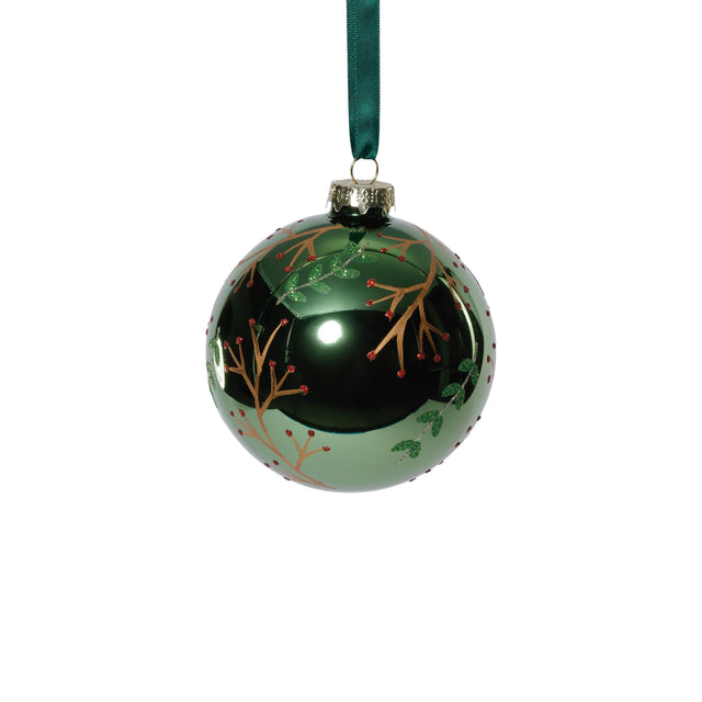 Zodax 4" Shiny Green Metallic Glass Ball Ornaments with Gold Leaf & Twig Design, Set of 6