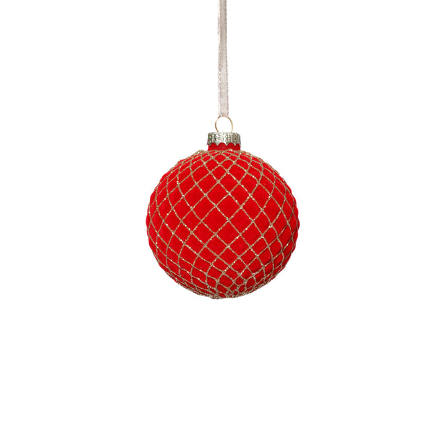 Zodax 3.25" Red Flocked Glass Ball Christmas Ornaments with Gold Accents, Set of 6