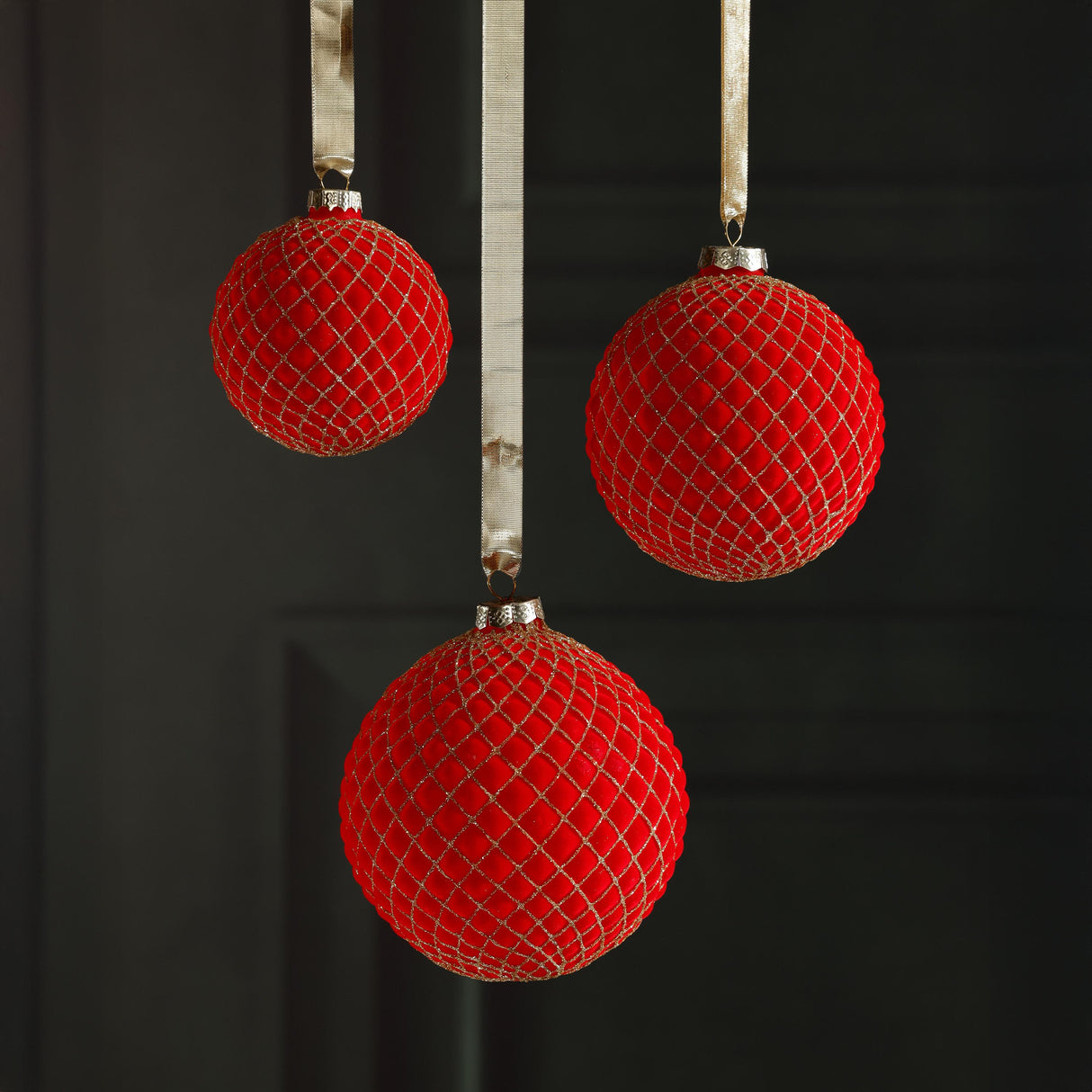 Zodax 3.25" Red Flocked Glass Ball Christmas Ornaments with Gold Accents, Set of 6
