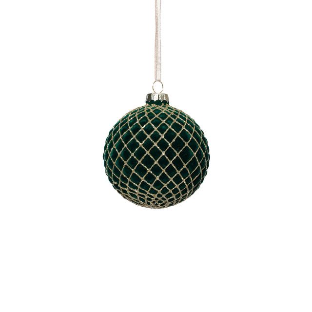Zodax 3.25" Green Flocked Glass Ball Christmas Ornaments with Gold Accents, Set of 6
