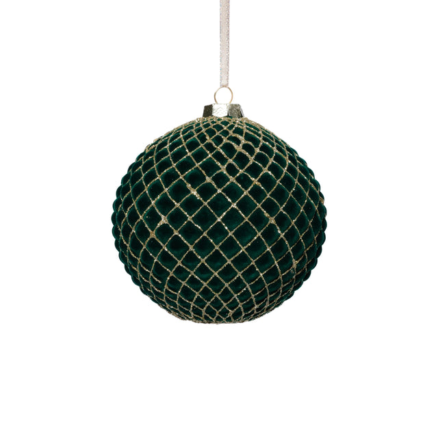 Zodax Green 4-Piece Set Flocked 4.75" Glass Ball Christmas Ornaments with Gold Accents
