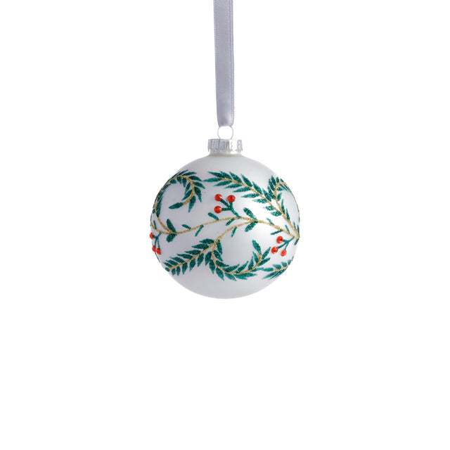 Zodax 3.25" White Metallic Glass Ball Holiday Ornaments with Green Leaf Design, Set of 6
