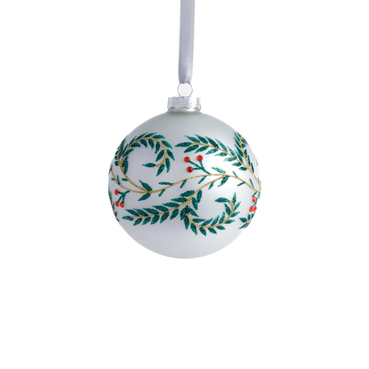Zodax 4" White Metallic Glass Ball Holiday Ornaments with Green Leaf Design, Set of 6