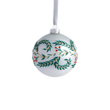 Zodax 4" White Metallic Glass Ball Holiday Ornaments with Green Leaf Design, Set of 6