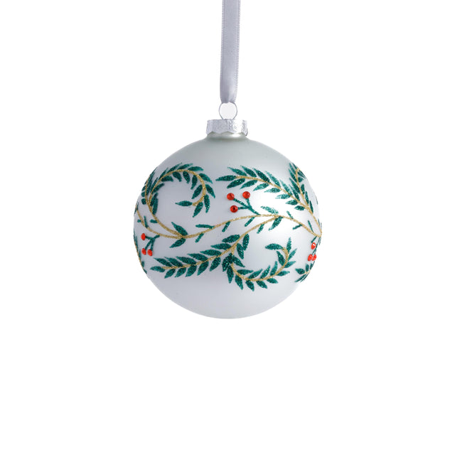 Zodax 4" White Metallic Glass Ball Holiday Ornaments with Green Leaf Design, Set of 6