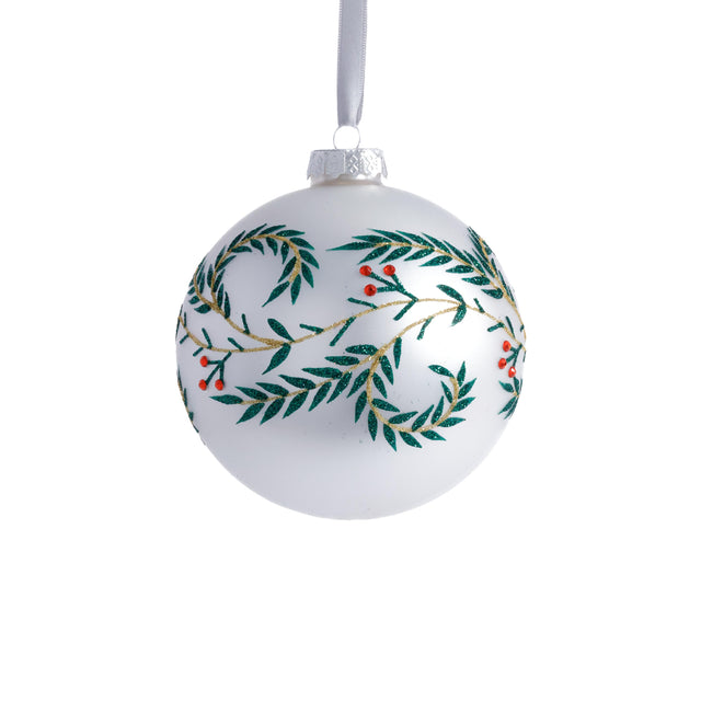 Zodax 4-Piece Set White Metallic 4.75" Glass Ball Holiday Ornaments with Green Leaf Design