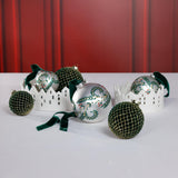 Zodax 4-Piece Set White Metallic 4.75" Glass Ball Holiday Ornaments with Green Leaf Design