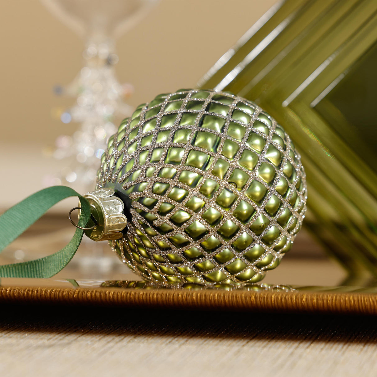 Zodax Matte Green 4-Piece Set Metallic 4.75" Glass Ball Christmas Ornaments