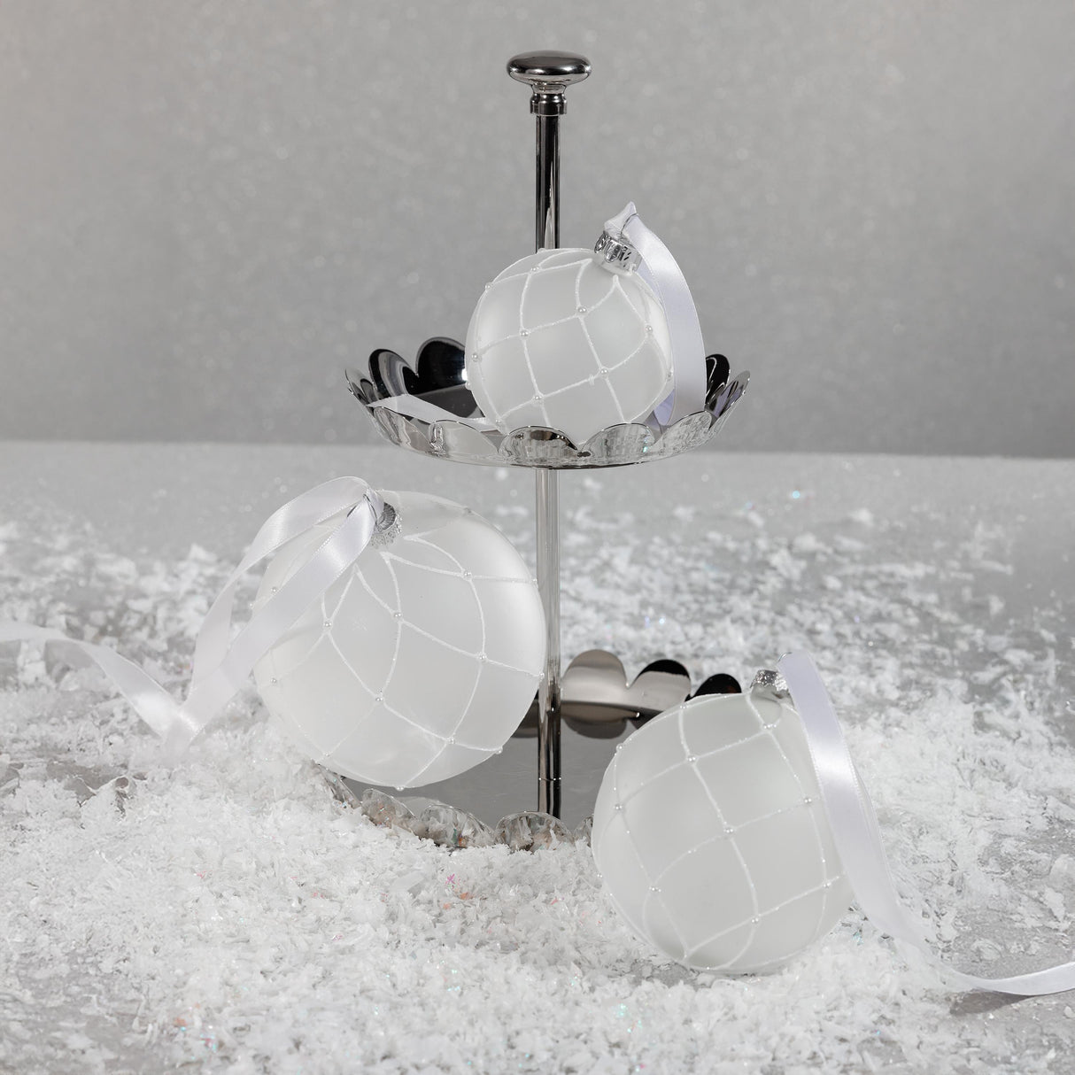 Zodax 3.25" Frosted Glass Ball Christmas Ornaments with White Glitter, Set of 6