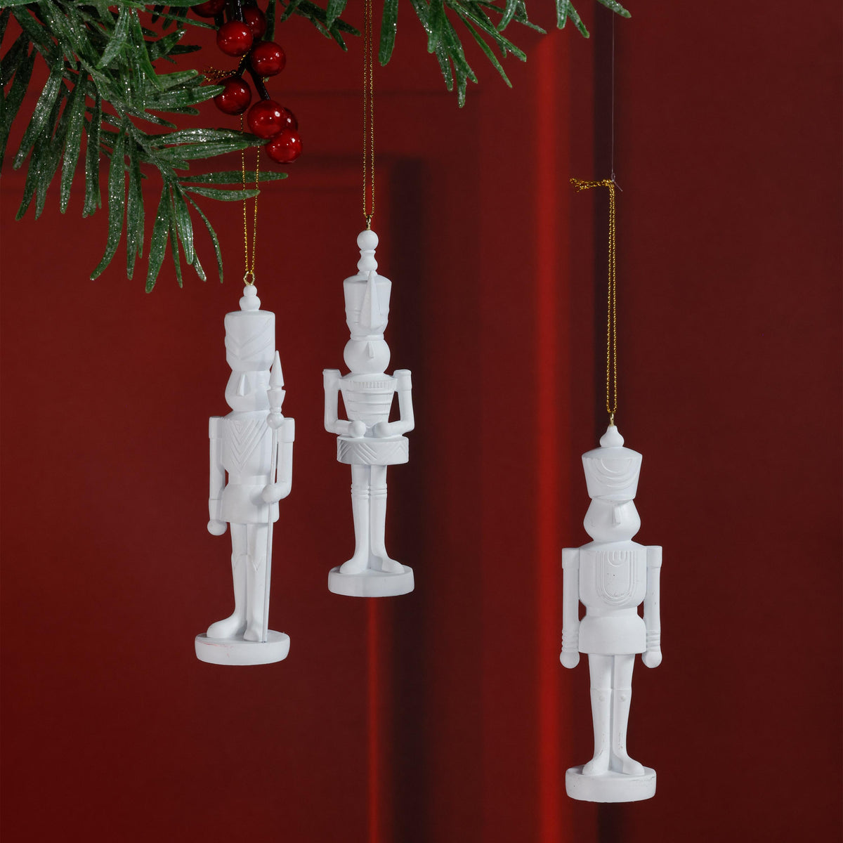 Zodax White Patrice Soldier Holiday Ornaments, 6 Hanging Pieces (2 Sets of 3 Assorted)