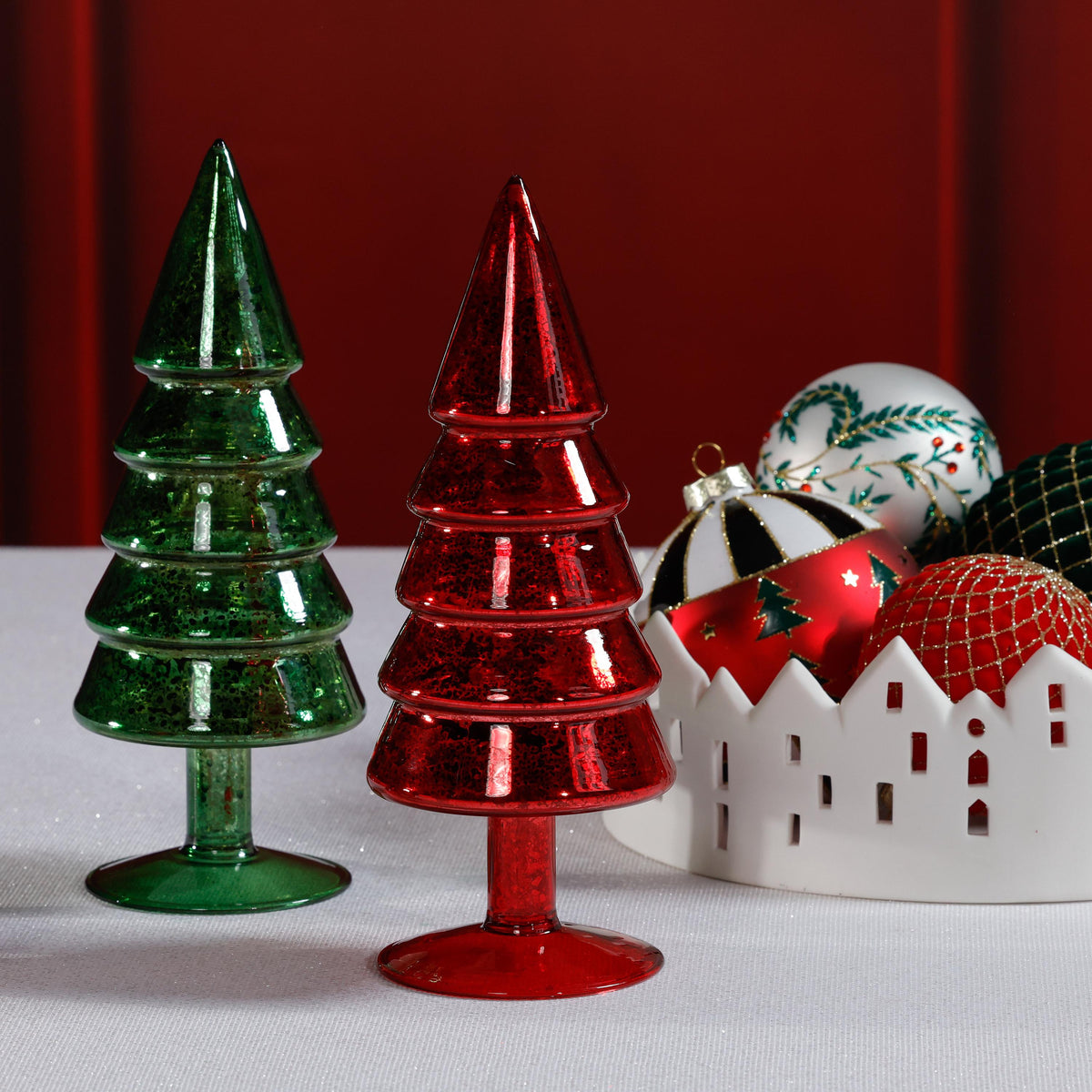 Zodax Red Mercury Glass Christmas Tabletop Trees, Set of 4, 9" Tall