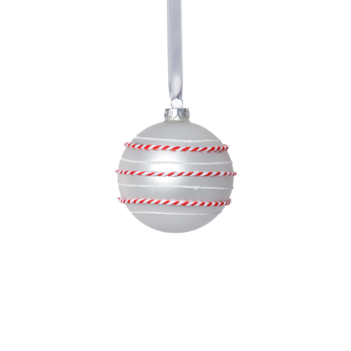 Zodax 3.25" White Matte Glass Ball Ornaments with White & Red Rope, Set of 6