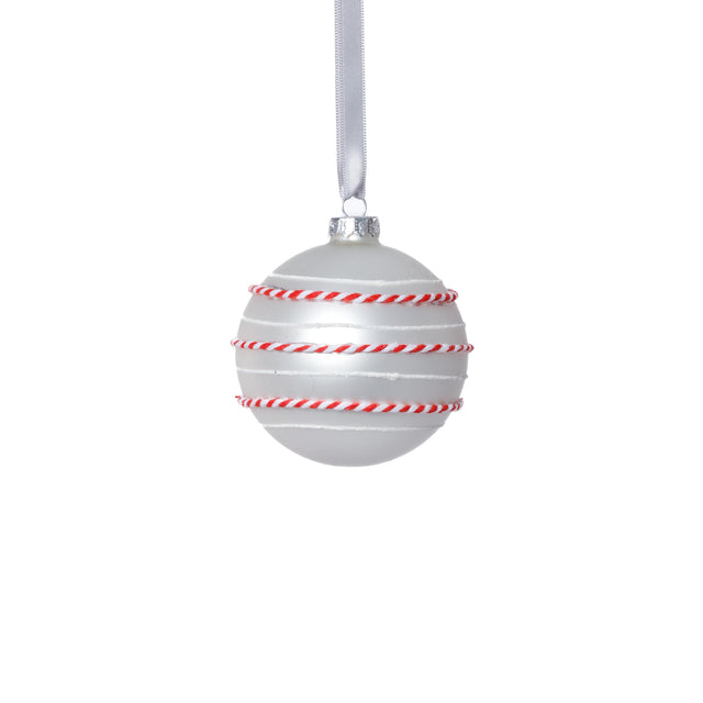 Zodax 3.25" White Matte Glass Ball Ornaments with White & Red Rope, Set of 6