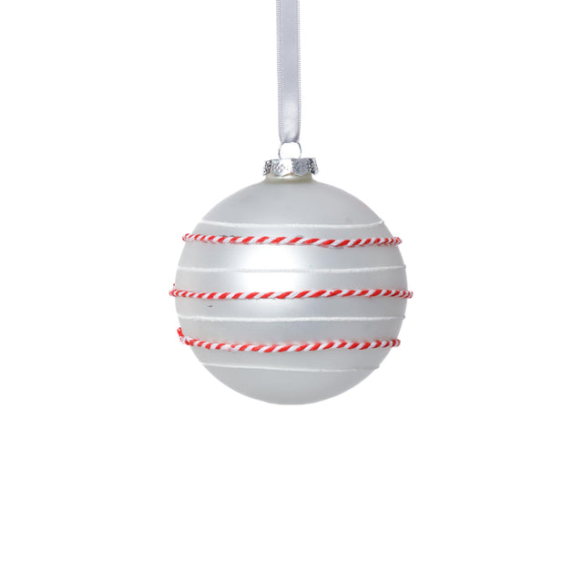 Zodax 4" White Matte Glass Ball Ornaments with White & Red Rope, Set of 6