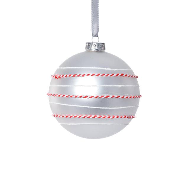 Zodax White 4-Piece Set Matte 4.75" Glass Ball Ornaments with White & Red Rope