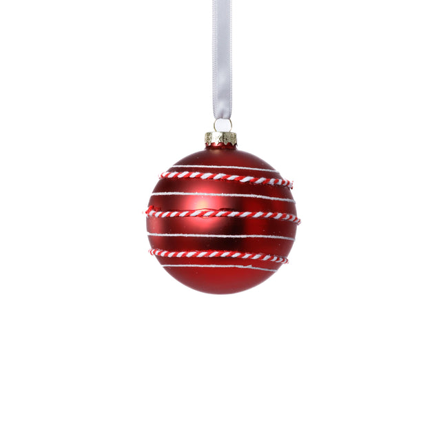 Zodax 3.25" Red Matte Glass Ball Ornaments with White & Red Rope, Set of 6
