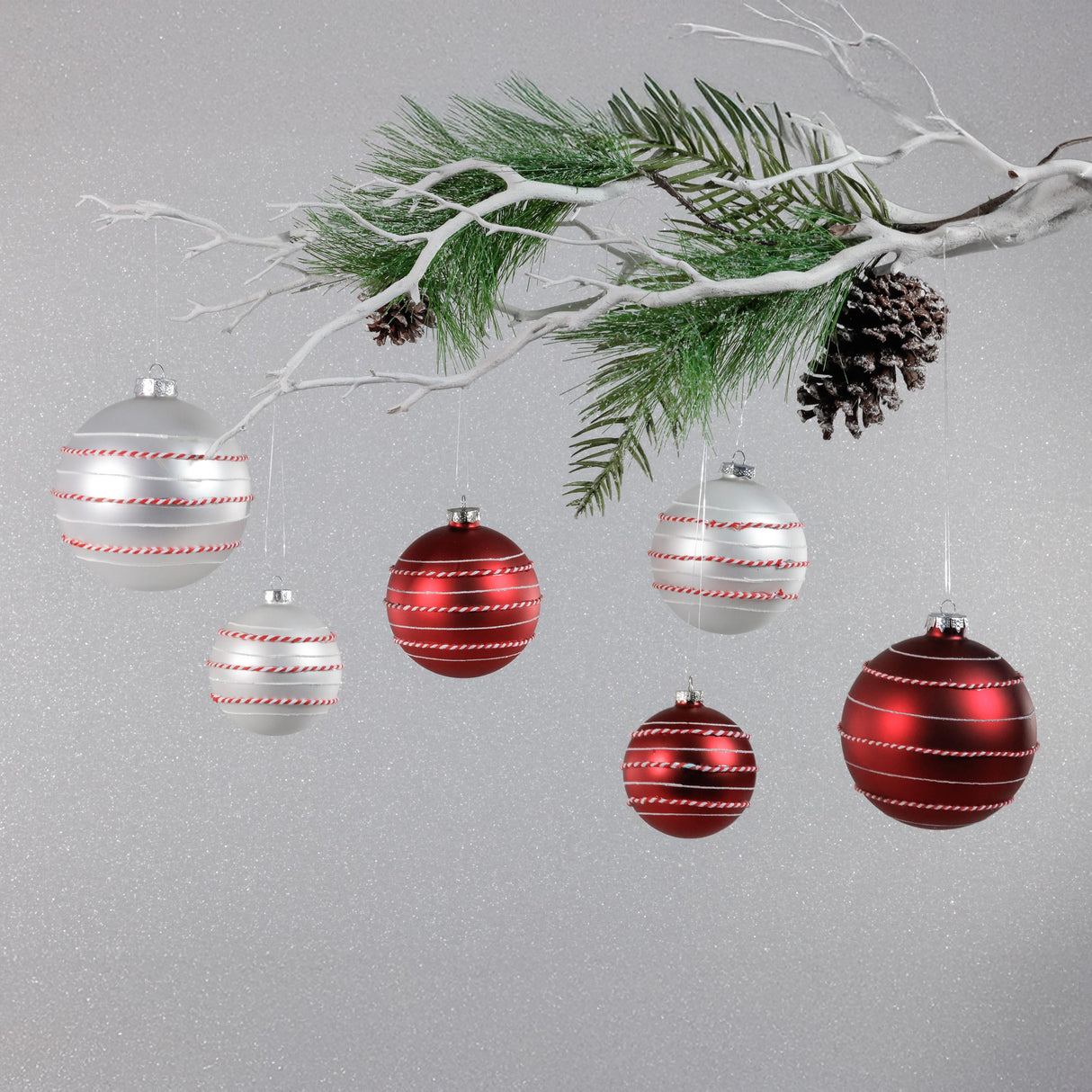 Zodax 3.25" Red Matte Glass Ball Ornaments with White & Red Rope, Set of 6